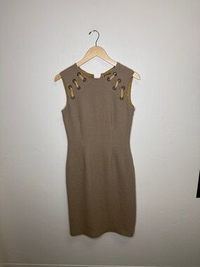Lela Rose Taupe Midi Sheath Dress with Grommet Accents